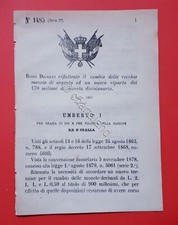 Decreto Regno Italia Cambio vecchie monete argento e riparto 170 milioni - 1883