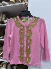 BLUMARINE Cardigan Top Maglione Maglia Rosa/Verde Donna Bordo Pizzo Paillettes IT 40 S