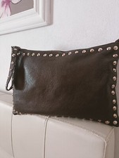  Borsetta Donna Da Polso, In Vera Pelle Marrone con Accessori Color Oro 