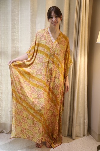 Crepe seta caftano beige - crepe, beige-rosso