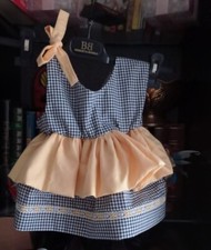 vestitino/vestito per bambine balza e passamaneria. Celeste a quadretti. 34x48cm