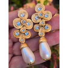 Orecchini pendenti vintage FIRMATI ETRUSCHI Lazuli barocco clip on perle oro dorato