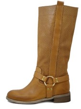 Stivali Donna Estivi Pelle Marrone Cuoio Tacco Basso Made in Italy