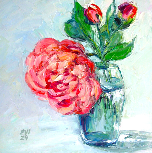 Peonia vaso dipinto olio - peonia, in