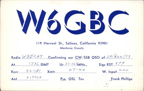 Scheda radio qsl w6gbc 1973 - scheda,