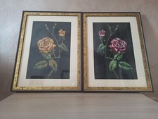Coppia di quadri Vintage con fiori a Punto Croce con Cornice in Legno 