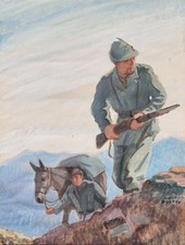 Giulio Boetto (Torino 1894-1967).Alpini con mulo,pastello,bozzetto per copertina