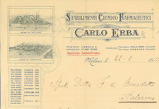 Carta int. CARLO ERBA Stab. Chimico Farmaceutici. Bergamo, Milano 1915