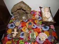 STATUINE PRESEPE VINTAGE: GESU'BAMBINO CAPANNA CULLA MADONNA  SAN GIUSEPPE 12 PZ