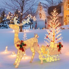 COSTWAY Slitta e Renne Luminose con LED, Luci Natalizie a Forma di Renna da Este