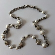 Autentica Collana Vintage CHANEL 5CC Logo Argento Classico Lungo Charm Catena Perle