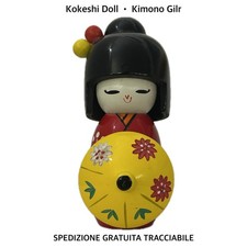 Kokeshi Doll • Kimono Girl Con Parasole Giallo • Statuina In Legno • JAPAN •