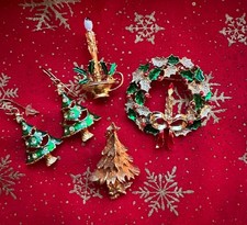 Lotto Natalizio vintage oro smalti rosso verdi da USA, spilla Gerry 