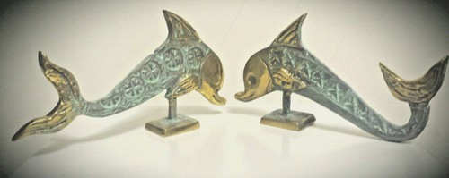 Coppia delfini ottone anticato - delfini,ottone,