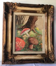 Vecchio Acquarello con cornice  - anni '30 - Funghi/porcini  - bosco