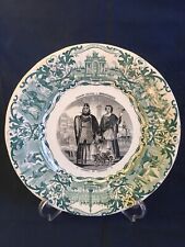 Antiquariato Francia 1875 Sarreguemines Piatto Parlante Verde Ottanio Ceramica