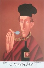 FRANCO FORTUNATO 30x20 serigrafia su cartone " Il sommelier " vino degustazione
