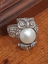 ANELLO ARGENTO 925 donna Ring Woman  Sterling SOLITARIO perla Gufo Civetta $
