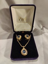 Set gioielli in scatola topazio blu tono oro PAVE collana e orecchini