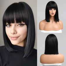 Parrucca Black Bob Con Bangs, Parrucca Nera Corta per Le Donne Dritto Bob Parruc
