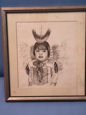 Schizzo a matita vintage arte nativi americani bambino firmato 1977 Bette incorniciato Kansas
