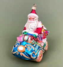 Christopher Radko 1999 Royal Roadster Santa in Blue Car Glass Christmas Ornament