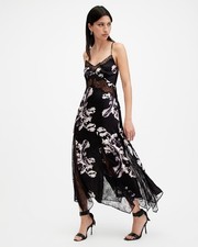 Maxi abito slip Allsaints Jasmine nero floreale seta pizzo UK12 PREZZO AL PUBBLICO £259