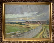 Olio 1957 impressionista ampio paesaggio estivo magnifica cornice oro firmata