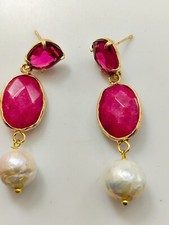 Orecchini Donna In Radice Di Rubini Con Cristalli Occhio Di Gatto e Goccia Perla