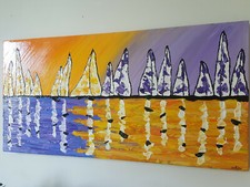 QUADRO MODERNO ASTRATTO DIPINTO A MANO REGATA VELA MATERICO  40x80x4cm  RIF199