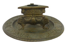 Scrivania vintage usata riproduzione stile rinascimentale Sphynx 3 gambe calamaio ottone