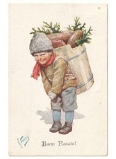 1923 K. Feiertag antica cartolina Buon Natale bambino gerla pane rami abete