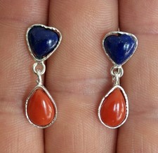 Antichi Orecchini A Goccia  Vero Corallo Sardegna Rosso e LAPIS Argento 925 Oro