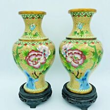 VASI Cinesi CLOISONNE Antichi COPPIA Grande 23 cm VASE Base in Legno VASO XX Sec