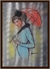 vecchia serigrafia colori su foglio alluminio ragazza con ombrello firma cornice