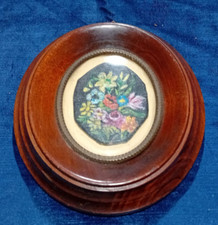 QUADRO DIPINTO FLOREALE  MINIATURA antico LEGNO E OTTONE OVALE c