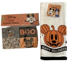 Disney Topolino Halloween Zucca Confezione 2 Asciugamani Cucina e 4 Spugne