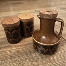 Set pentole/agitatori vintage HORNSEA cimelio aceto marrone, sale e pepe 1976 come nuovi