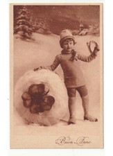 foto cartolina Buon Anno bambino palla di neve ferro di cavallo quadrifoglio
