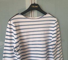 Céline Paris Abito Tubino ML Cotone Pesante Scollo Barca Zip Pelle Bianco-Blu M