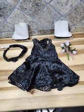 American Girl Doll Midnight Black Velvet ice Skate outfit with headband  bouquet