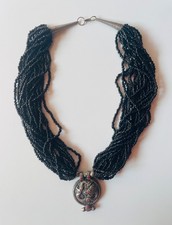 COLLANA ETNICA MULTIFILO VINTAGE IN PERLINE DI VETRO NERO TIBETANA