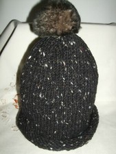 CAPPELLO LANA 100% ARAN IRLANDESE BERRETTO BEANIE PELLICCIA FUR POMPON CINCILLA'