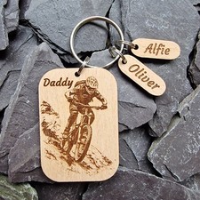 PERSONALISED HANDMADE MTB WOODEN KEYRING - MOUNTAIN BIKE ACCESSORY DADDY DAD MTB