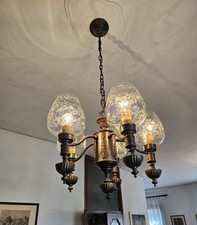 Splendido Lampadario In Bronzo Ferro Battuto E Vetro Decorato (disponibili 2)