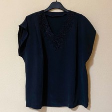 T-shirt Top Decorato Ricamato Nero Scollo a V Casual Classico Cerimonia Elegante