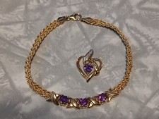 Ciondolo Bracciale Tennis Oro Giallo Massiccio 10K CTW con 3 Cuore Ametista 7 1/4" XO