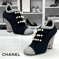 CHANEL Satin Pearl Heel Boots Bootie Shoes Women Size 37 COCO MARK Black Silver