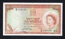BANCA DELLA RHODESIA E DEL NYASALAND RARA 10 SCELLINI 1960 REGINA ELISABETTA II/w1