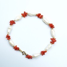 Bracciale Donna  Di Corallo Rosso E Perle Argento 925 Dorato Vittoriano Romano 